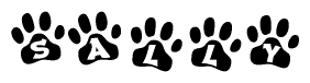 The image shows a row of animal paw prints, each containing a letter. The letters spell out the word Sally within the paw prints.