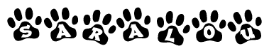 The image shows a series of animal paw prints arranged horizontally. Within each paw print, there's a letter; together they spell Saralou