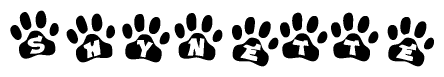 The image shows a series of animal paw prints arranged horizontally. Within each paw print, there's a letter; together they spell Shynette