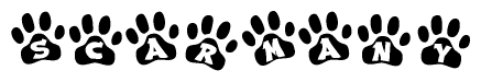 The image shows a series of animal paw prints arranged horizontally. Within each paw print, there's a letter; together they spell Scarmany