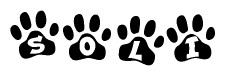 The image shows a series of animal paw prints arranged horizontally. Within each paw print, there's a letter; together they spell Soli