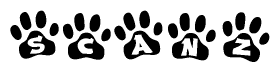 The image shows a row of animal paw prints, each containing a letter. The letters spell out the word Scanz within the paw prints.