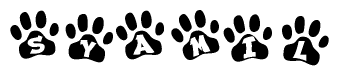 The image shows a row of animal paw prints, each containing a letter. The letters spell out the word Syamil within the paw prints.