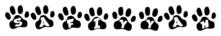 The image shows a series of animal paw prints arranged in a horizontal line. Each paw print contains a letter, and together they spell out the word Safiyyah.