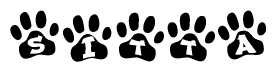 The image shows a row of animal paw prints, each containing a letter. The letters spell out the word Sitta within the paw prints.