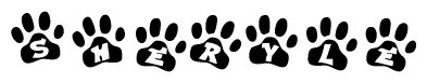 The image shows a series of animal paw prints arranged horizontally. Within each paw print, there's a letter; together they spell Sheryle