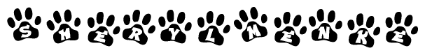 The image shows a series of animal paw prints arranged in a horizontal line. Each paw print contains a letter, and together they spell out the word Sherylmenke.
