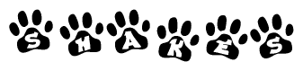 The image shows a series of animal paw prints arranged in a horizontal line. Each paw print contains a letter, and together they spell out the word Shakes.