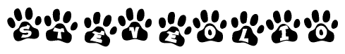 The image shows a series of animal paw prints arranged in a horizontal line. Each paw print contains a letter, and together they spell out the word Steveolio.