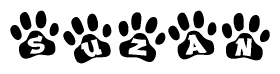 The image shows a series of animal paw prints arranged in a horizontal line. Each paw print contains a letter, and together they spell out the word Suzan.