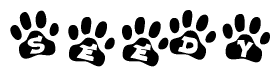 The image shows a row of animal paw prints, each containing a letter. The letters spell out the word Seedy within the paw prints.