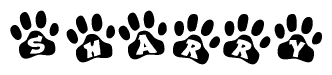 The image shows a series of animal paw prints arranged horizontally. Within each paw print, there's a letter; together they spell Sharry