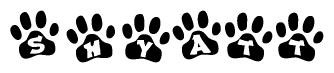 The image shows a series of animal paw prints arranged in a horizontal line. Each paw print contains a letter, and together they spell out the word Shyatt.