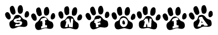 The image shows a row of animal paw prints, each containing a letter. The letters spell out the word Sinfonia within the paw prints.