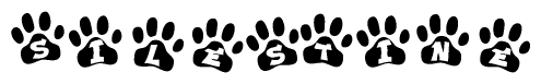 The image shows a series of animal paw prints arranged in a horizontal line. Each paw print contains a letter, and together they spell out the word Silestine.