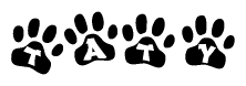 The image shows a row of animal paw prints, each containing a letter. The letters spell out the word Taty within the paw prints.