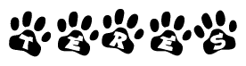The image shows a series of animal paw prints arranged horizontally. Within each paw print, there's a letter; together they spell Teres