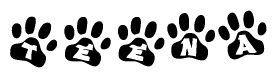 The image shows a series of animal paw prints arranged horizontally. Within each paw print, there's a letter; together they spell Teena
