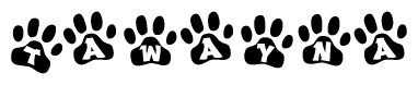 The image shows a row of animal paw prints, each containing a letter. The letters spell out the word Tawayna within the paw prints.