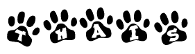 The image shows a row of animal paw prints, each containing a letter. The letters spell out the word Thais within the paw prints.