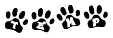 The image shows a series of animal paw prints arranged in a horizontal line. Each paw print contains a letter, and together they spell out the word Temp.