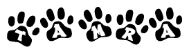 The image shows a series of animal paw prints arranged in a horizontal line. Each paw print contains a letter, and together they spell out the word Tamra.