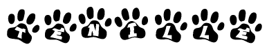The image shows a series of animal paw prints arranged horizontally. Within each paw print, there's a letter; together they spell Tenille