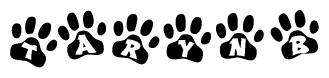 The image shows a row of animal paw prints, each containing a letter. The letters spell out the word Tarynb within the paw prints.