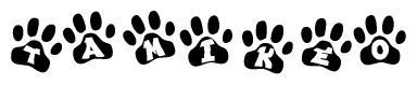 The image shows a row of animal paw prints, each containing a letter. The letters spell out the word Tamikeo within the paw prints.