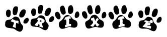 The image shows a series of animal paw prints arranged horizontally. Within each paw print, there's a letter; together they spell Trixie
