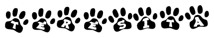 The image shows a row of animal paw prints, each containing a letter. The letters spell out the word Teresita within the paw prints.