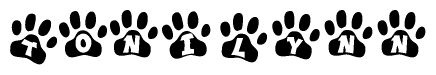   The image shows a row of animal paw prints, each containing a letter. The letters spell out the word Tonilynn within the paw prints. 