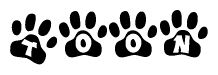 The image shows a series of animal paw prints arranged in a horizontal line. Each paw print contains a letter, and together they spell out the word Toon.