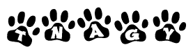 The image shows a row of animal paw prints, each containing a letter. The letters spell out the word Tnagy within the paw prints.