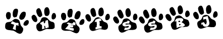 The image shows a row of animal paw prints, each containing a letter. The letters spell out the word Theissbj within the paw prints.