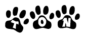 The image shows a series of animal paw prints arranged in a horizontal line. Each paw print contains a letter, and together they spell out the word Ton.