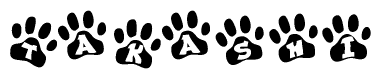 The image shows a series of animal paw prints arranged horizontally. Within each paw print, there's a letter; together they spell Takashi
