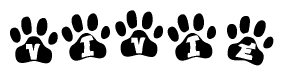 The image shows a row of animal paw prints, each containing a letter. The letters spell out the word Vivie within the paw prints.