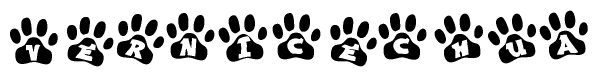 The image shows a series of animal paw prints arranged in a horizontal line. Each paw print contains a letter, and together they spell out the word Vernicechua.