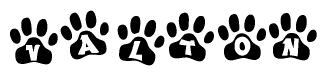 The image shows a series of animal paw prints arranged horizontally. Within each paw print, there's a letter; together they spell Valton