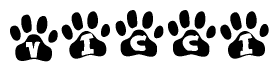 The image shows a series of animal paw prints arranged in a horizontal line. Each paw print contains a letter, and together they spell out the word Vicci.