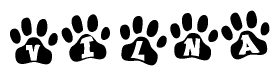 The image shows a row of animal paw prints, each containing a letter. The letters spell out the word Vilna within the paw prints.