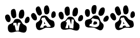 The image shows a row of animal paw prints, each containing a letter. The letters spell out the word Vanda within the paw prints.