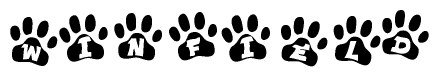 The image shows a series of animal paw prints arranged in a horizontal line. Each paw print contains a letter, and together they spell out the word Winfield.