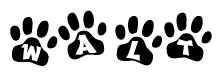 The image shows a series of animal paw prints arranged in a horizontal line. Each paw print contains a letter, and together they spell out the word Walt.