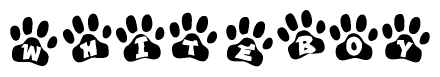 The image shows a series of animal paw prints arranged horizontally. Within each paw print, there's a letter; together they spell Whiteboy