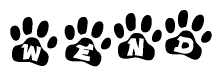 The image shows a row of animal paw prints, each containing a letter. The letters spell out the word Wend within the paw prints.