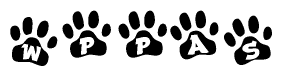 The image shows a series of animal paw prints arranged in a horizontal line. Each paw print contains a letter, and together they spell out the word Wppas.