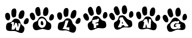 The image shows a series of animal paw prints arranged in a horizontal line. Each paw print contains a letter, and together they spell out the word Wolfang.