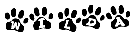 The image shows a series of animal paw prints arranged in a horizontal line. Each paw print contains a letter, and together they spell out the word Wilda.